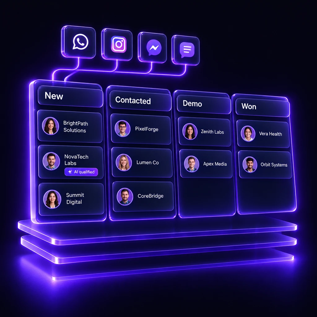 Sales pipeline board with leads flowing in from WhatsApp, Instagram, Messenger and website chat, one marked AI qualified