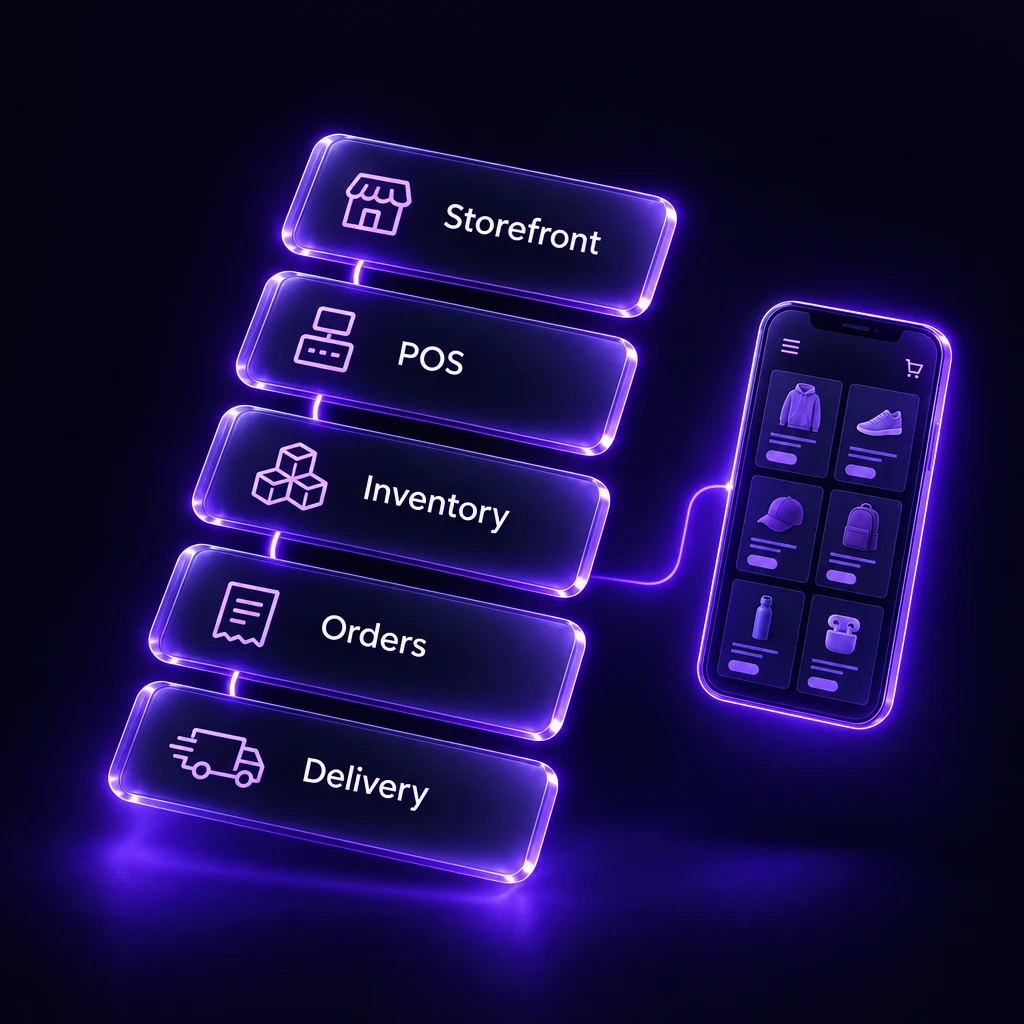 Stacked modules for storefront, POS, inventory, orders and delivery beside a phone showing an online store