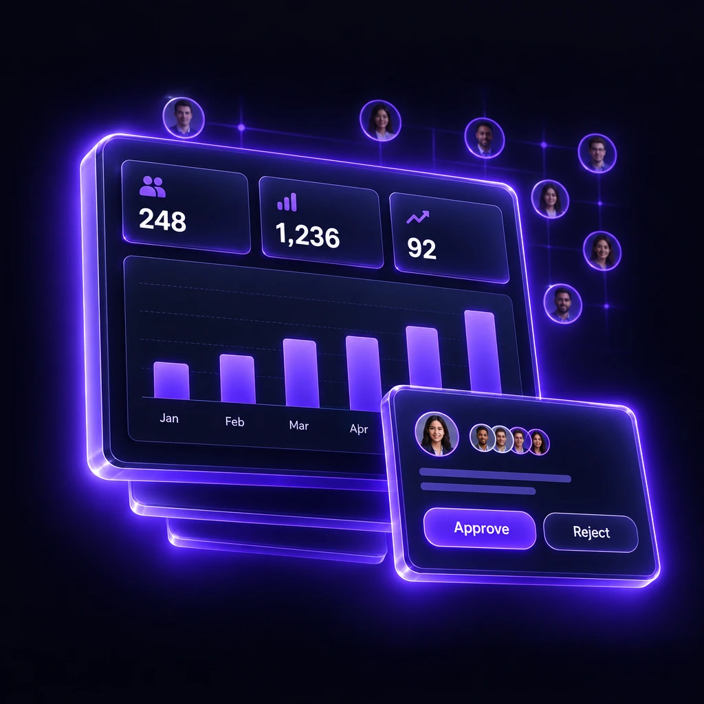 Dashboard with KPI tiles and a monthly chart beside an approval request card