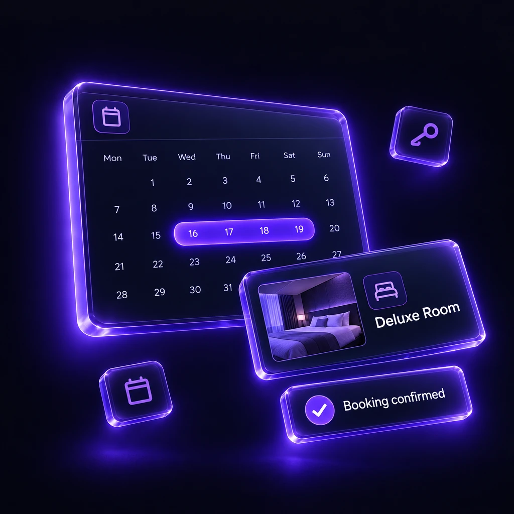 Availability calendar with booked nights, a room card and a booking confirmation