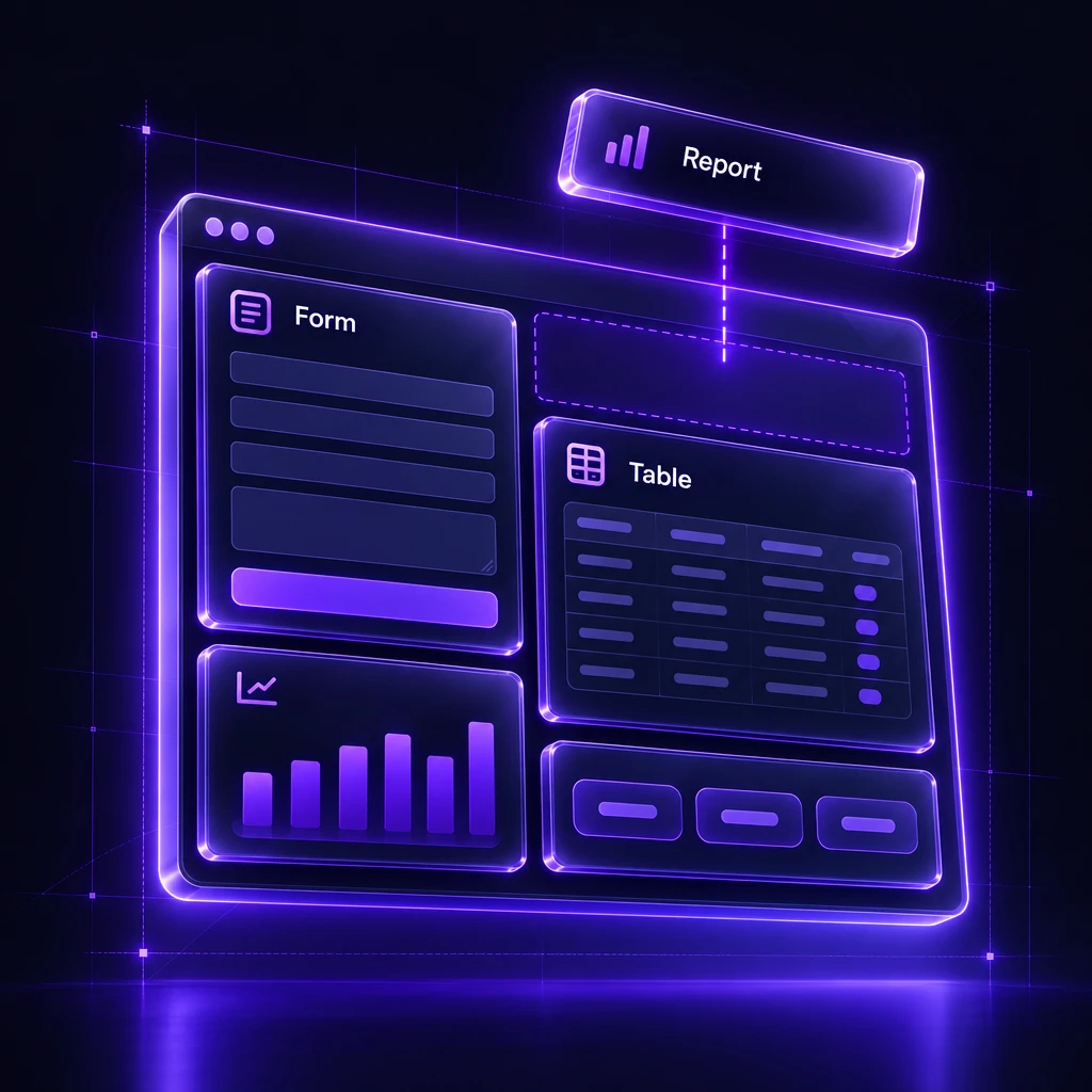 Modular blocks assembling into a custom application window over blueprint lines