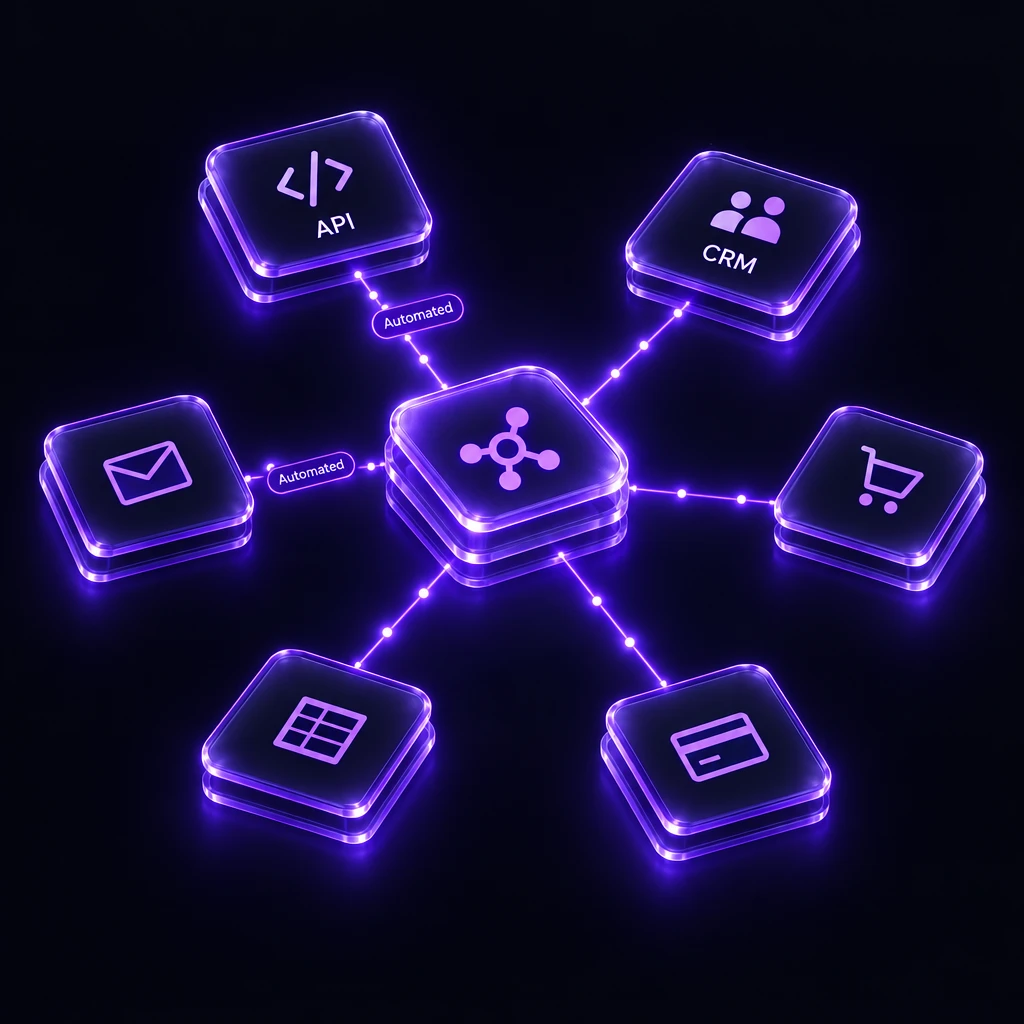 A central hub connected to API, CRM, cart, payment, spreadsheet and mail tiles with automated flows