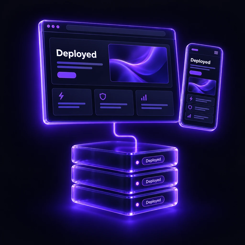 A browser window and phone showing a website above stacked servers marked deployed